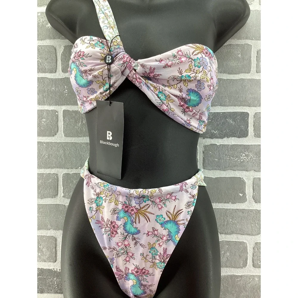 Blackbough Swim 3 Piece Bikini Set Lilac Floral One Shoulder Top Bottom Sarong
